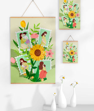 Ilustración de momentos familiares con fondo floral vibrante