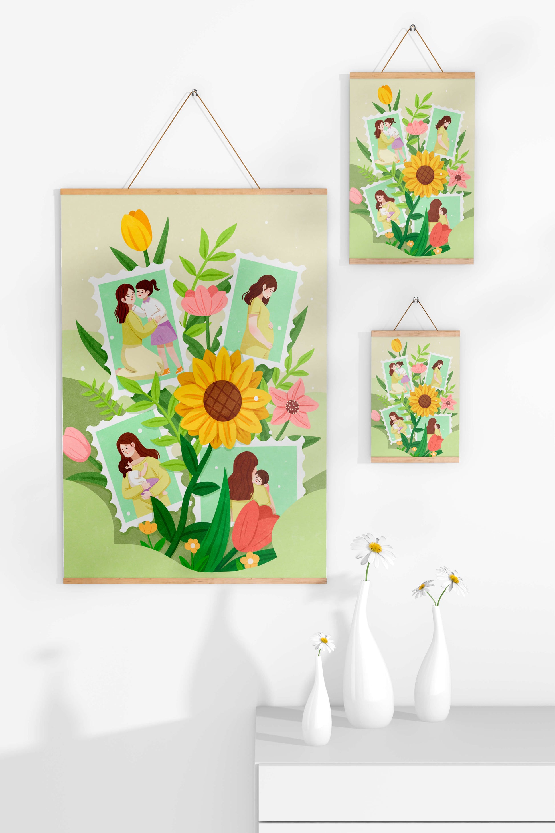 Ilustración de momentos familiares con fondo floral vibrante