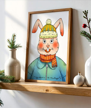 Charmantes Cartoon-Häschen mit Winteroutfit und verspieltem Ausdruck
