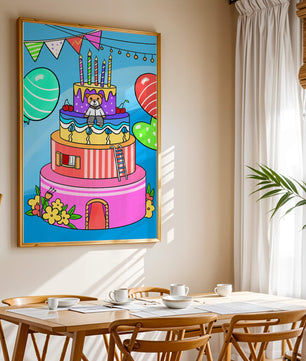 Colorful birthday cake with teddy bear and festive decorations