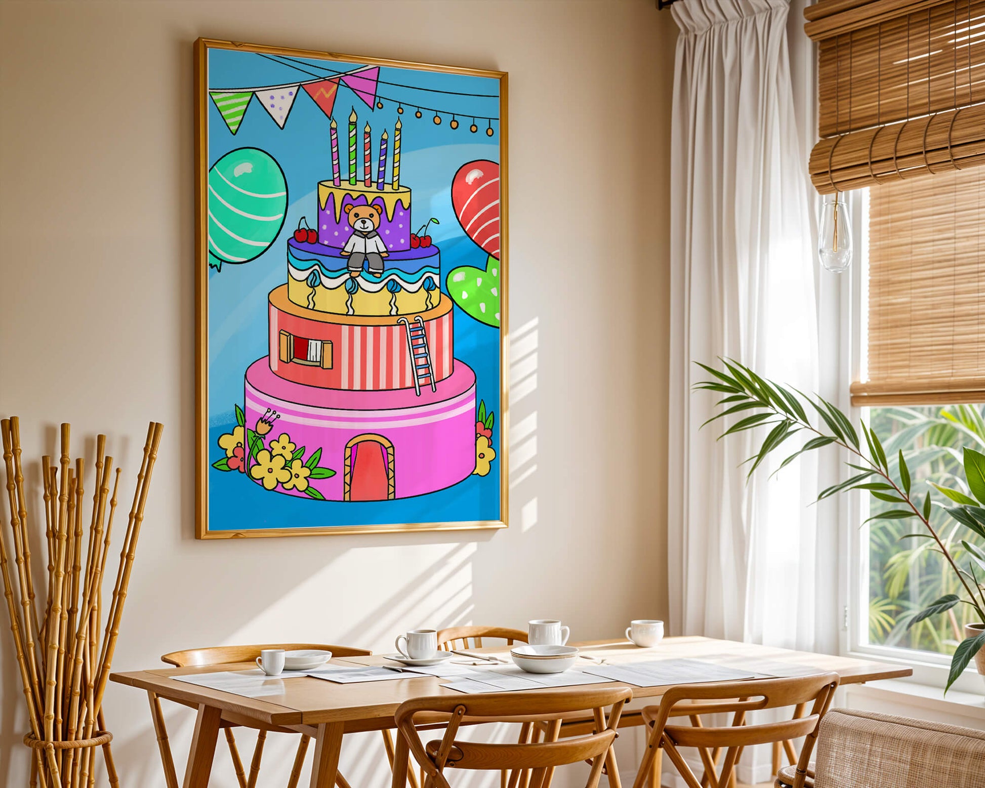 Colorful birthday cake with teddy bear and festive decorations