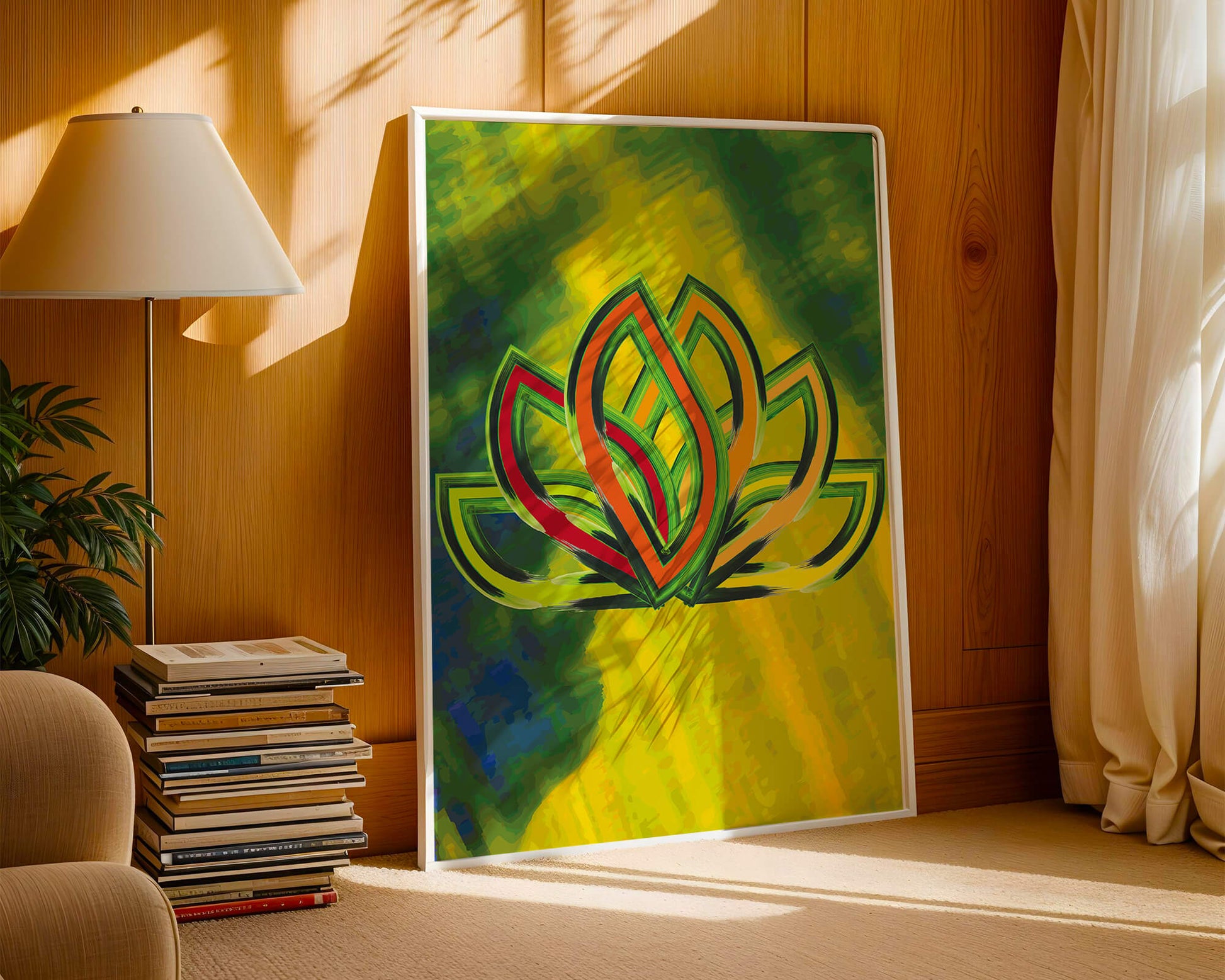 Diseño abstracto de loto con colores vivos y formas orgánicas