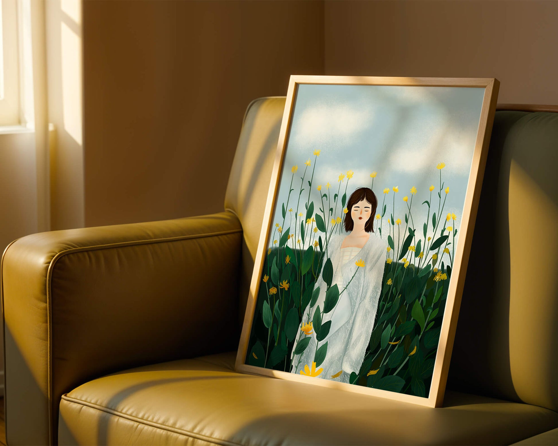 Mujer con abrigo blanco entre flores amarillas