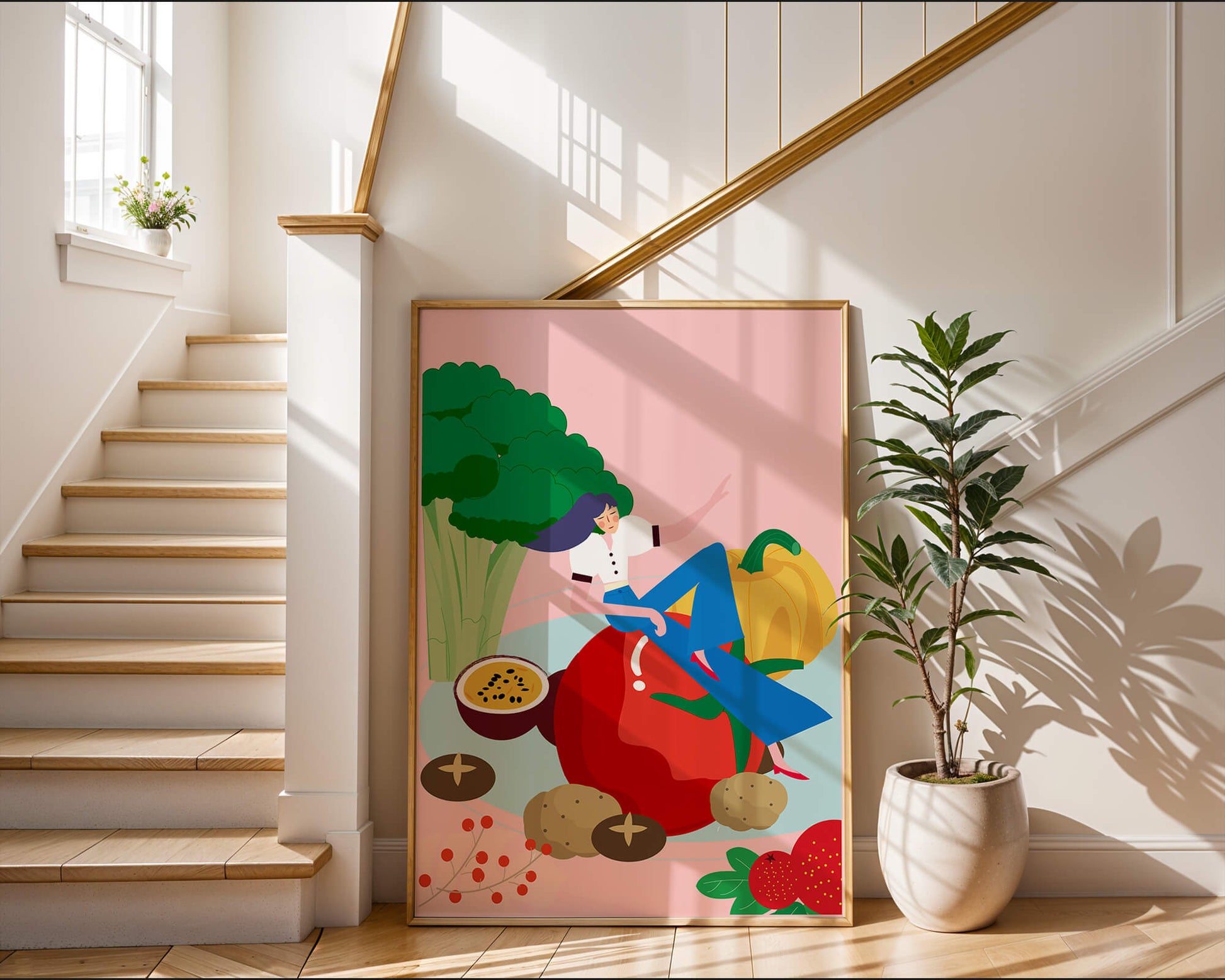 Ilustración de una mujer rodeada de verduras y frutas vibrantes.