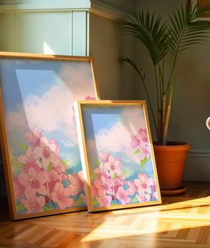 Ilustración de flores rosadas contra un cielo azul vibrante con nubes