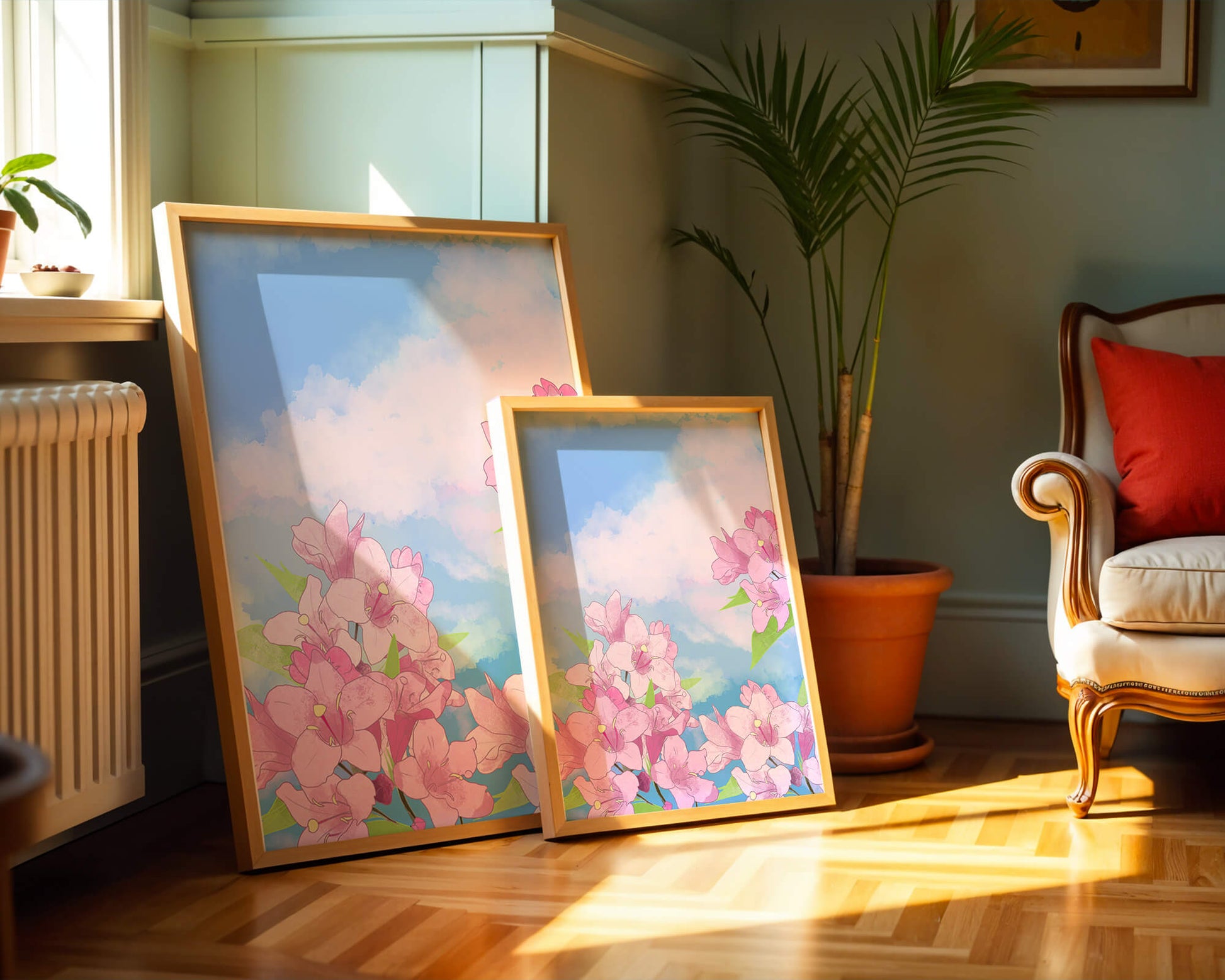 Ilustración de flores rosadas contra un cielo azul vibrante con nubes