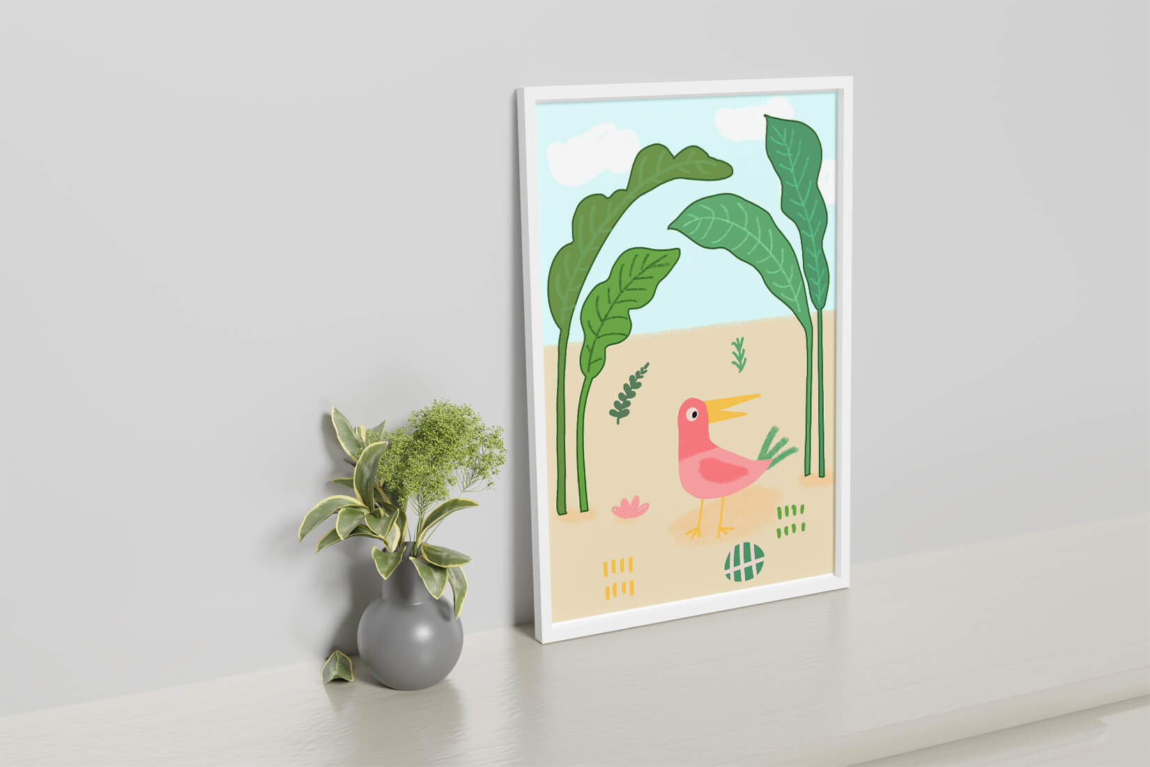 Colorful bird with large leaves and playful design