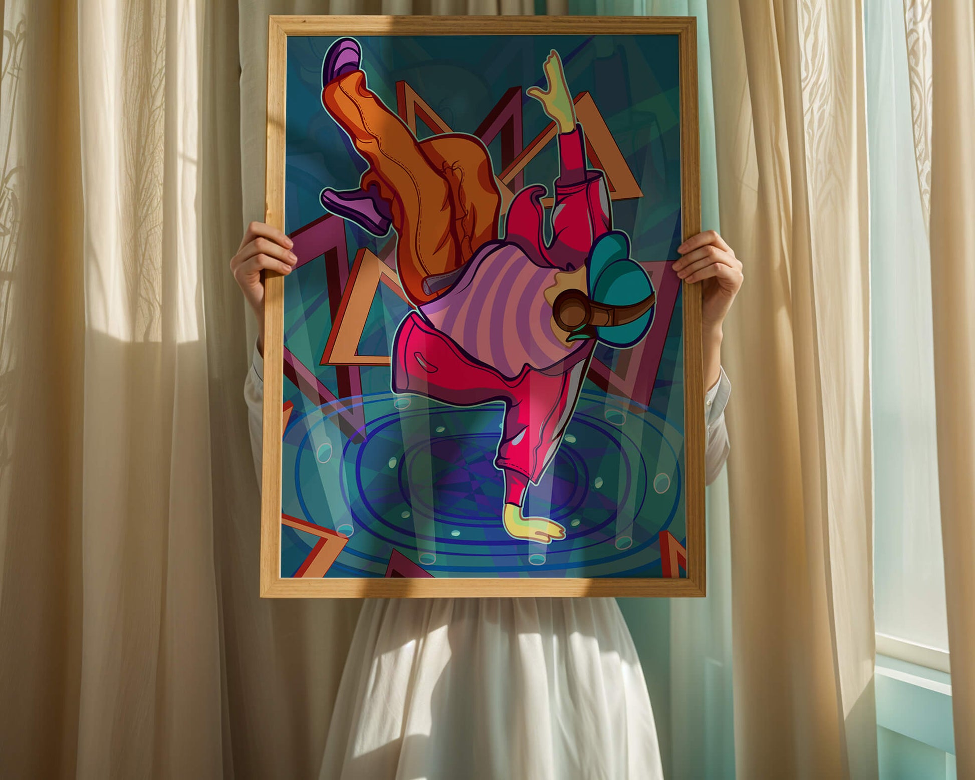 Colorful breakdancer in dynamic urban artwork