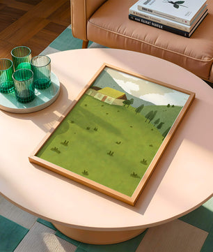 Charming countryside landscape with house and green hills