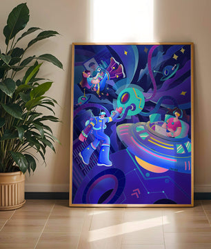 Futuristic Space Adventure Illustration with Robots and Technology