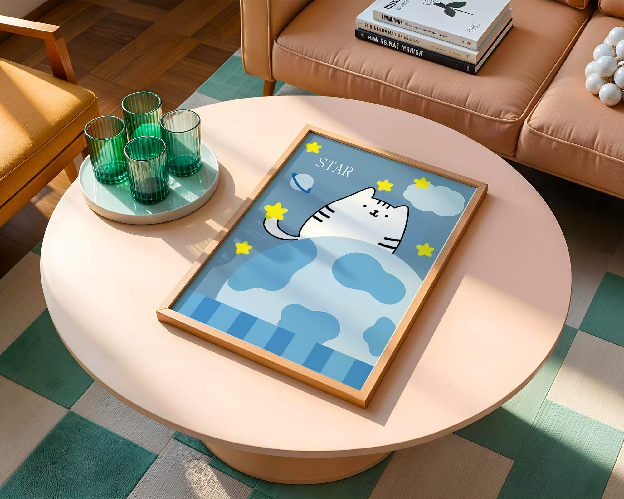 Illustration of a cute cat in space with stars and planets