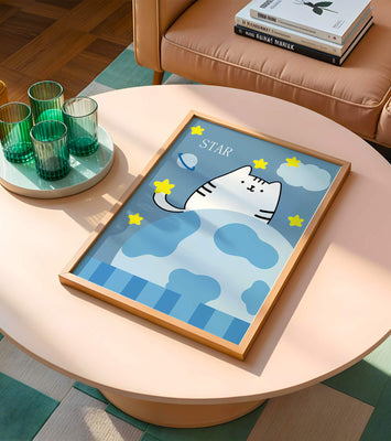 Illustration of a cute cat in space with stars and planets