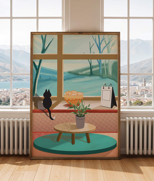 Cozy interior with a cat by the window and potted plants