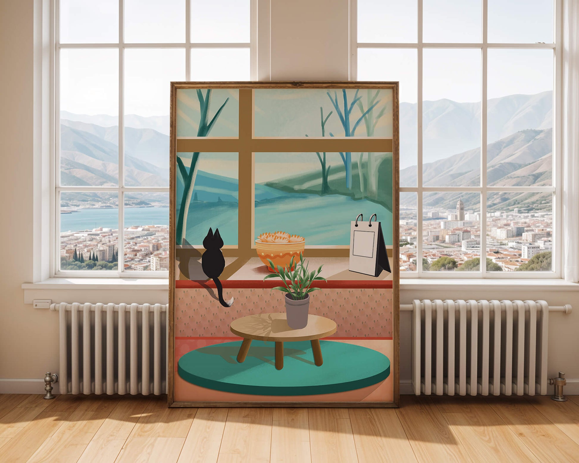 Cozy interior with a cat by the window and potted plants