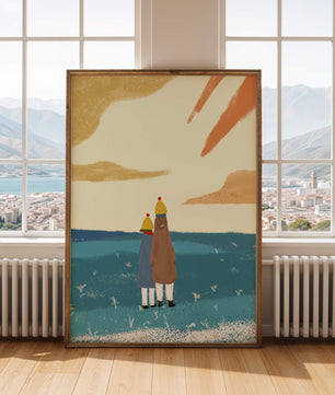 Two figures in winter clothing on a serene beach