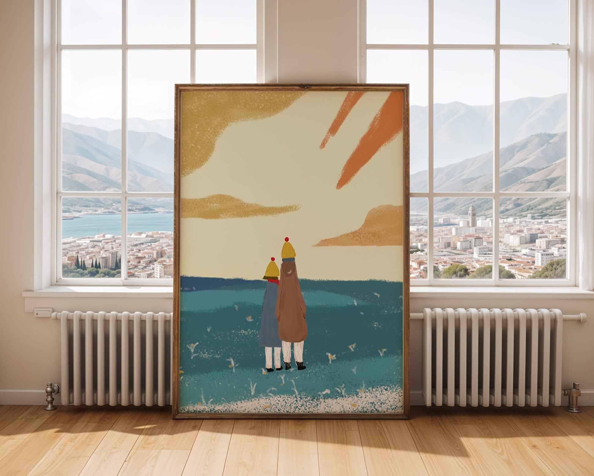 Two figures in winter clothing on a serene beach