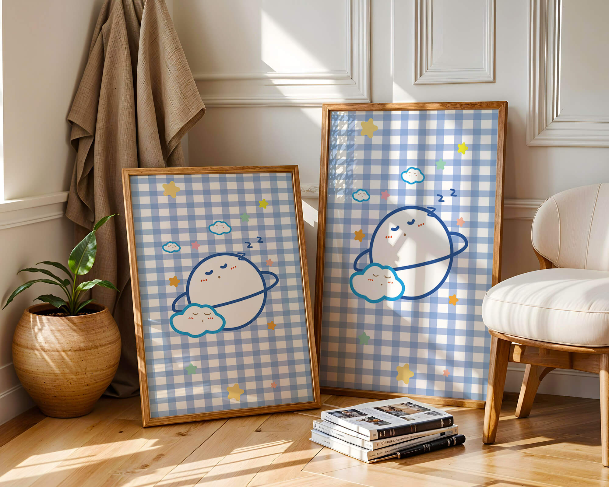 Whimsical sleep theme with planets and clouds on a checkered background