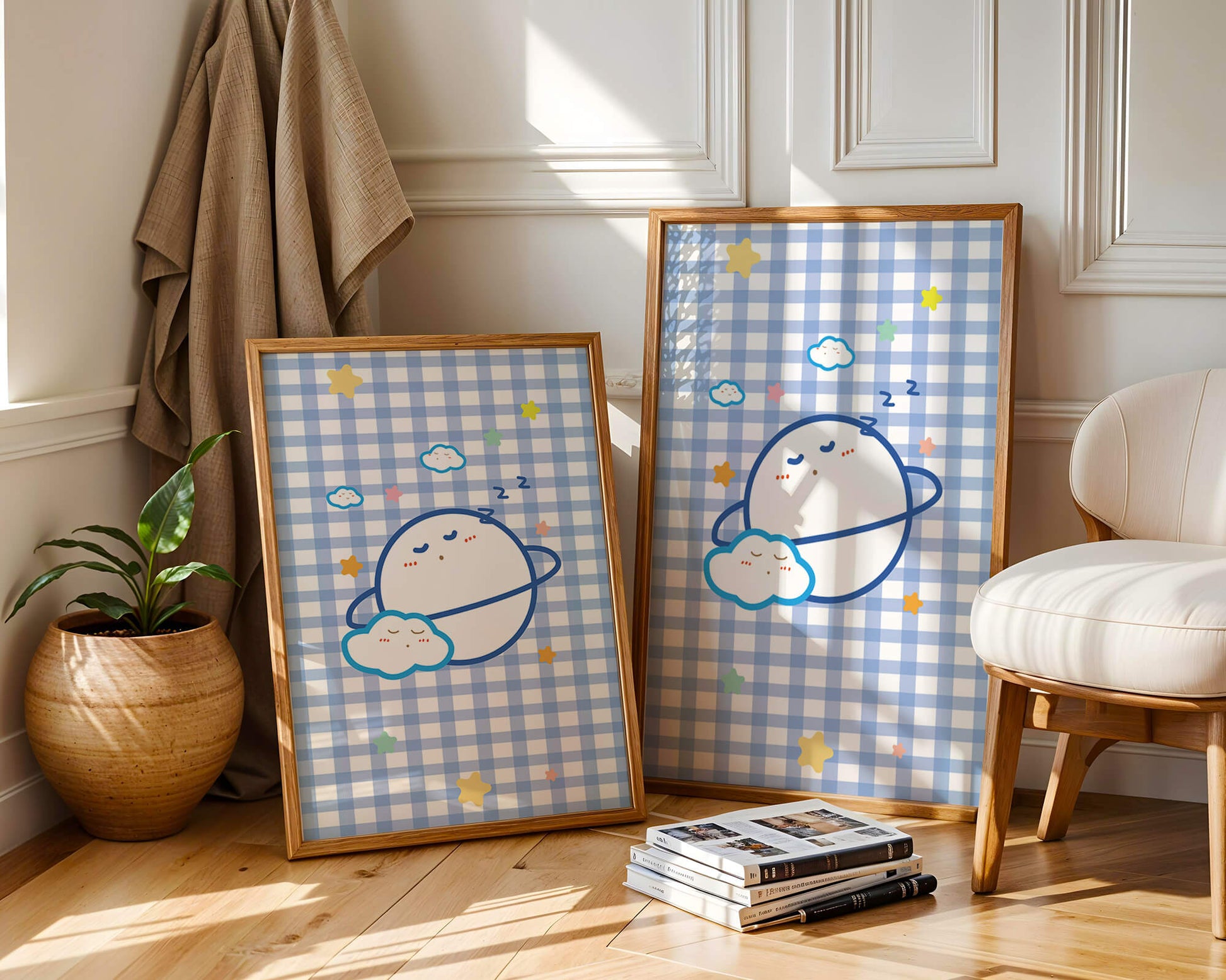 Whimsical sleep theme with planets and clouds on a checkered background
