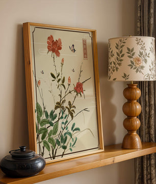 Delicate Floral Art with Red Flowers and Butterflies