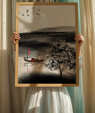 Voyage paisible en bateau dans un paysage serein avec oiseaux et arbre