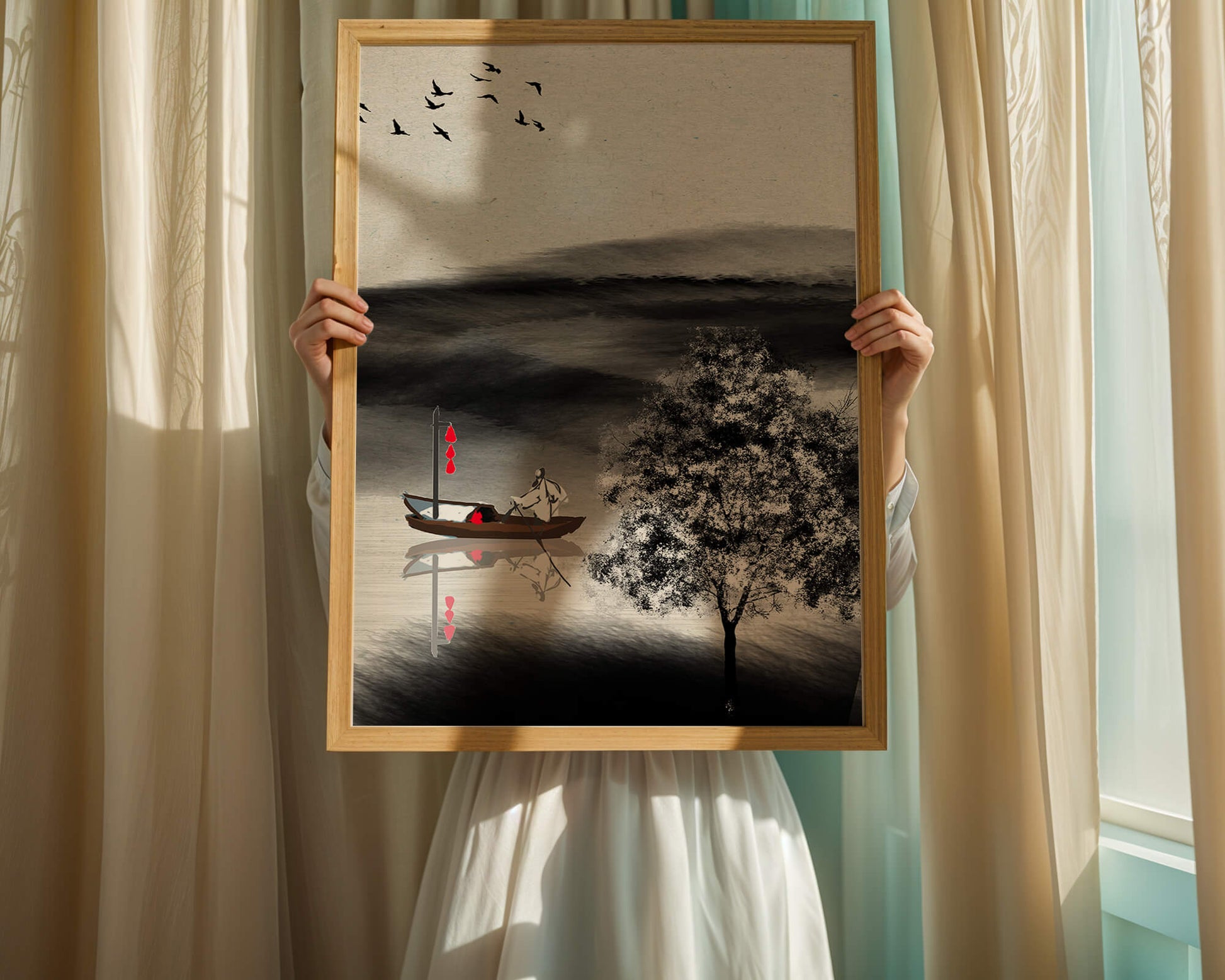 Tranquilo viaje en barco en un paisaje sereno con pájaros y árbol