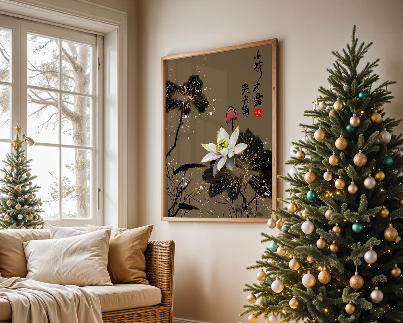 Elegant oriental floral art with gold accents and calligraphy