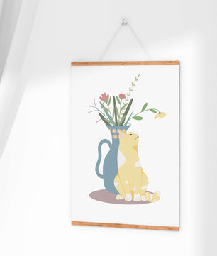 Ilustración de un gato sentado junto a un jarrón floral