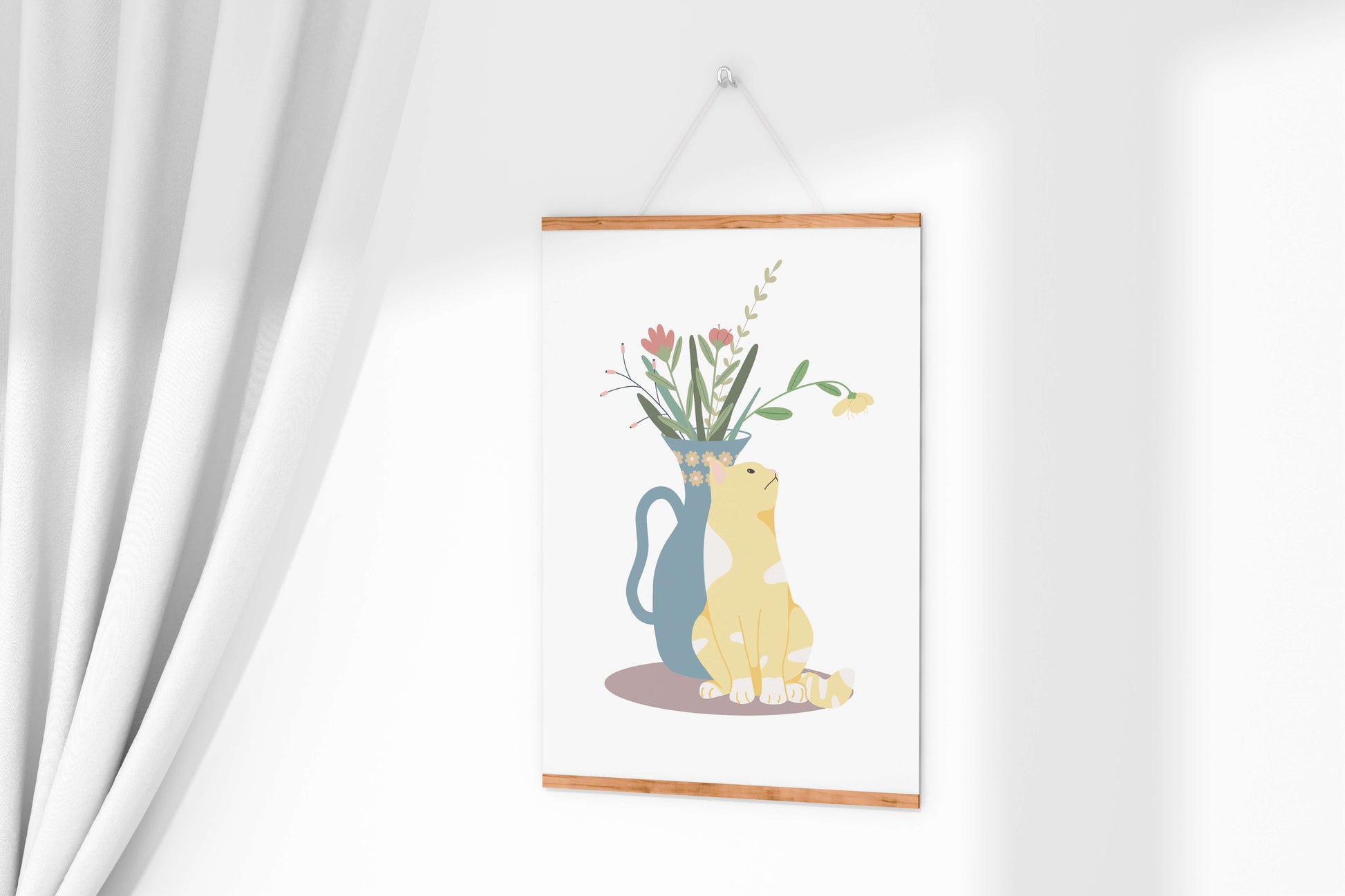 Illustration of a cat sitting beside a floral vase