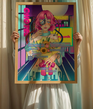 Mujer ciberpunk futurista con un ramo de flores en un paisaje urbano de neón