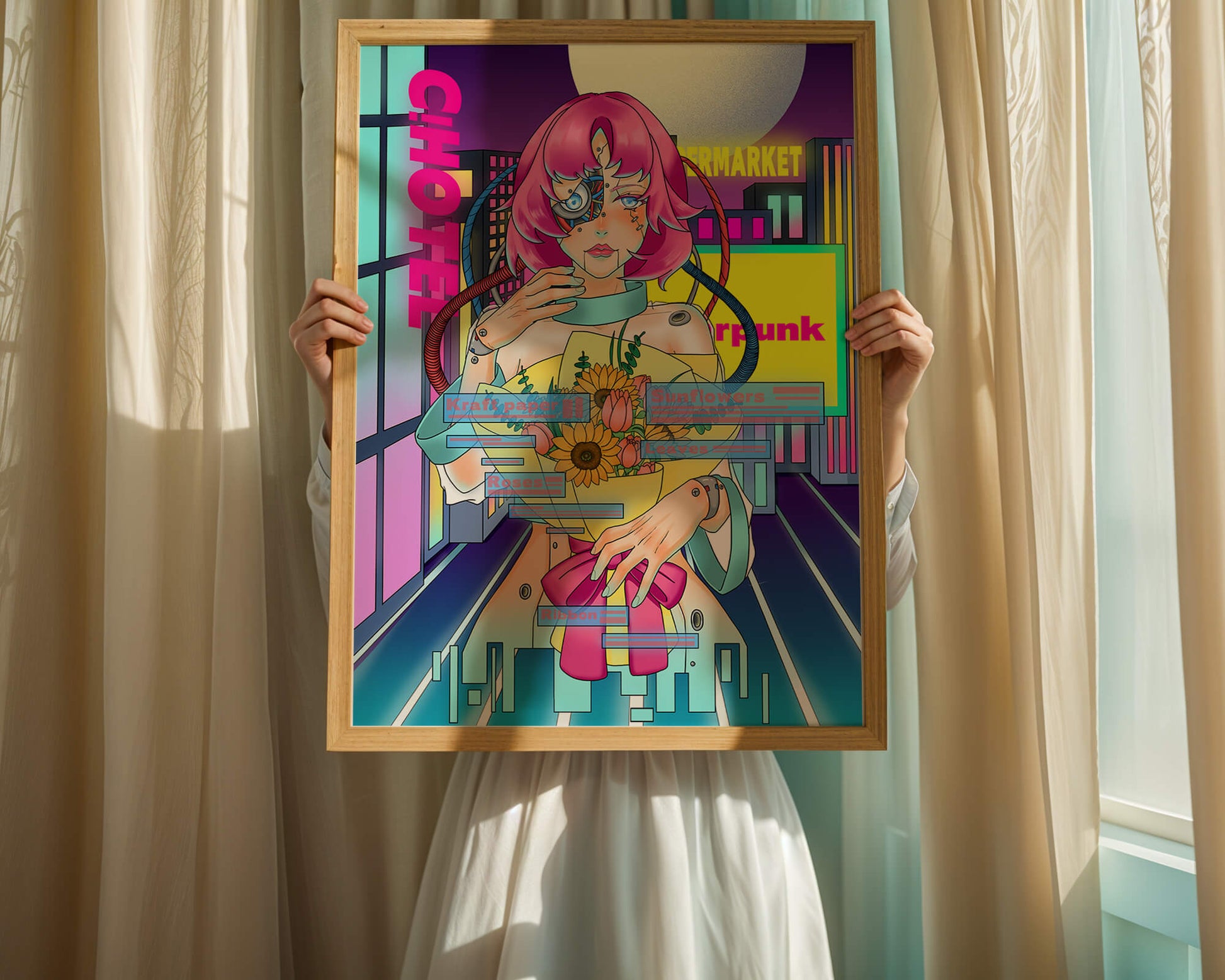 Futuristic cyberpunk woman with a bouquet of flowers in a neon cityscape