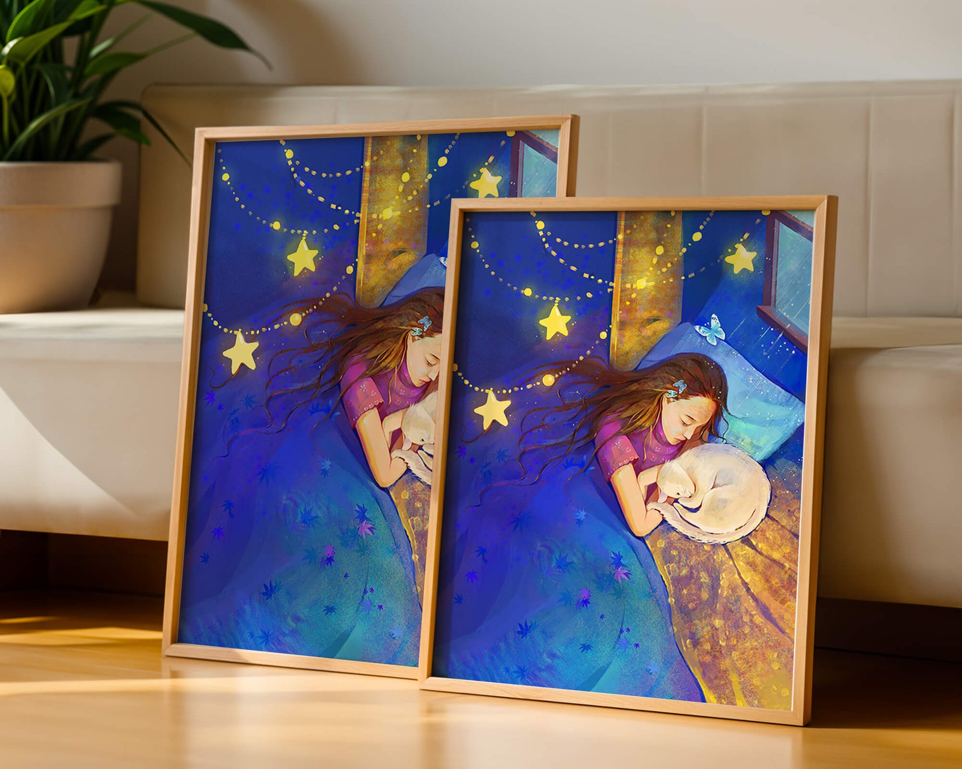 Girl sleeping with cat under starry night sky