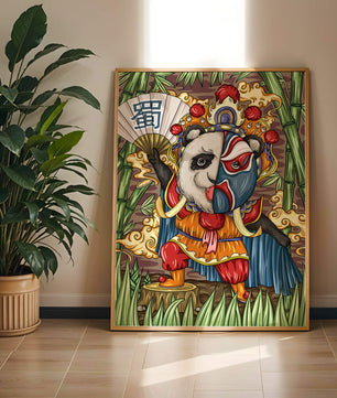 Colorful panda dressed in traditional Chinese opera costume surrounded by bamboo