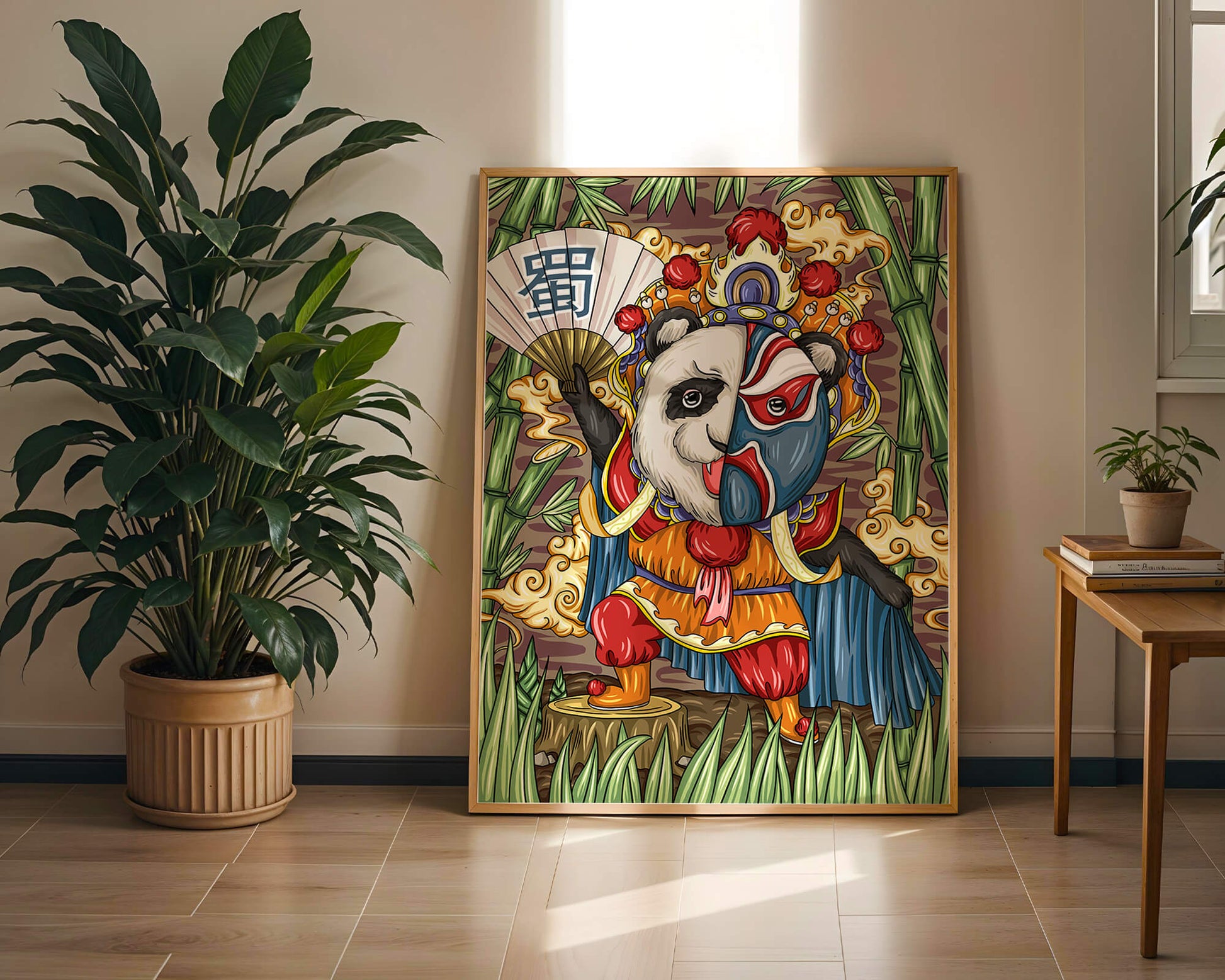 Colorful panda dressed in traditional Chinese opera costume surrounded by bamboo