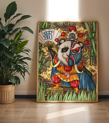 Colorful panda dressed in traditional Chinese opera costume surrounded by bamboo