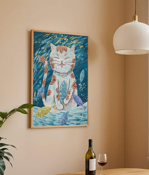 Gato caprichoso con peces coloridos y pinceladas juguetonas