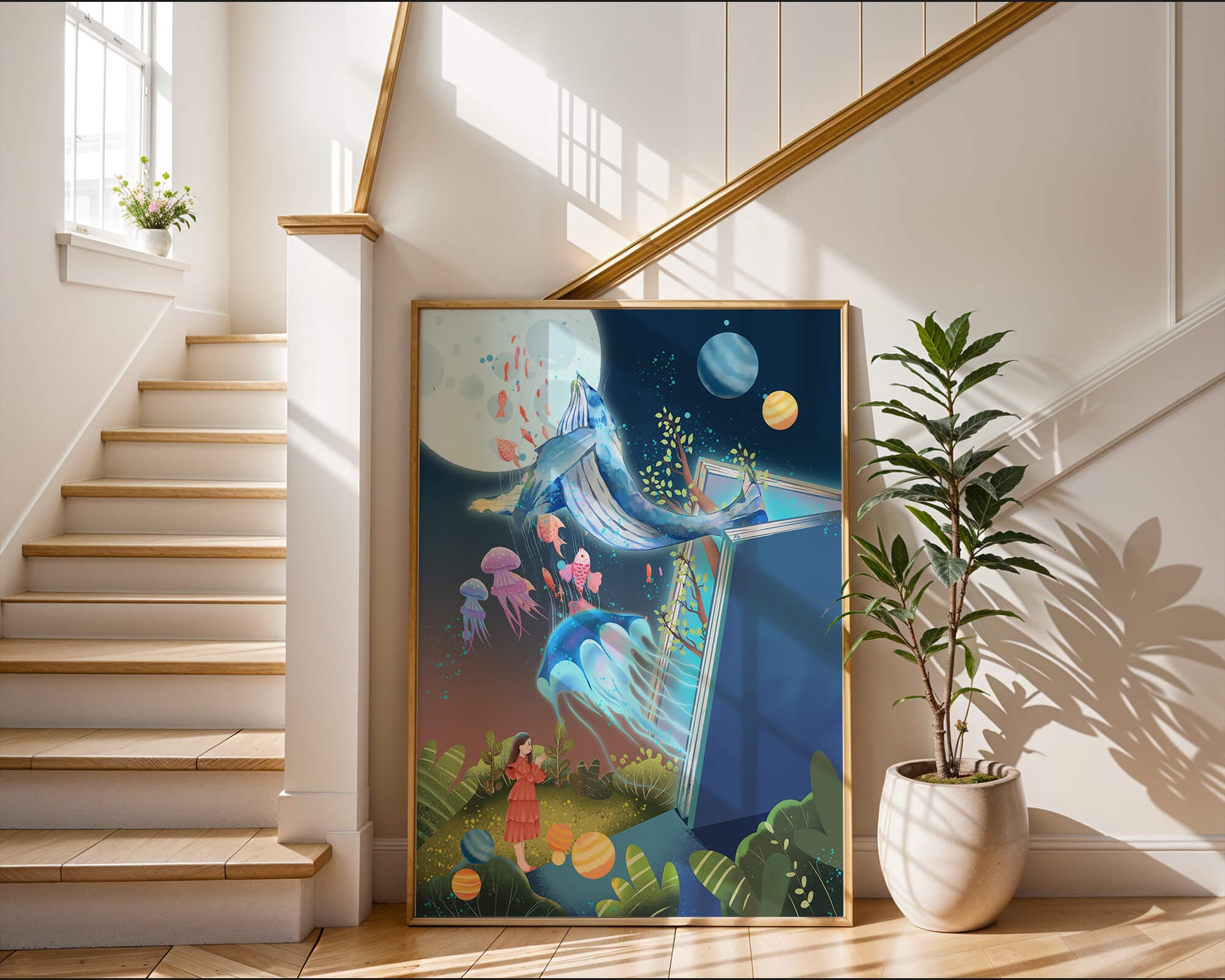 Surreal Ocean Life Emerging From a Book in a Dreamlike Forest Scene