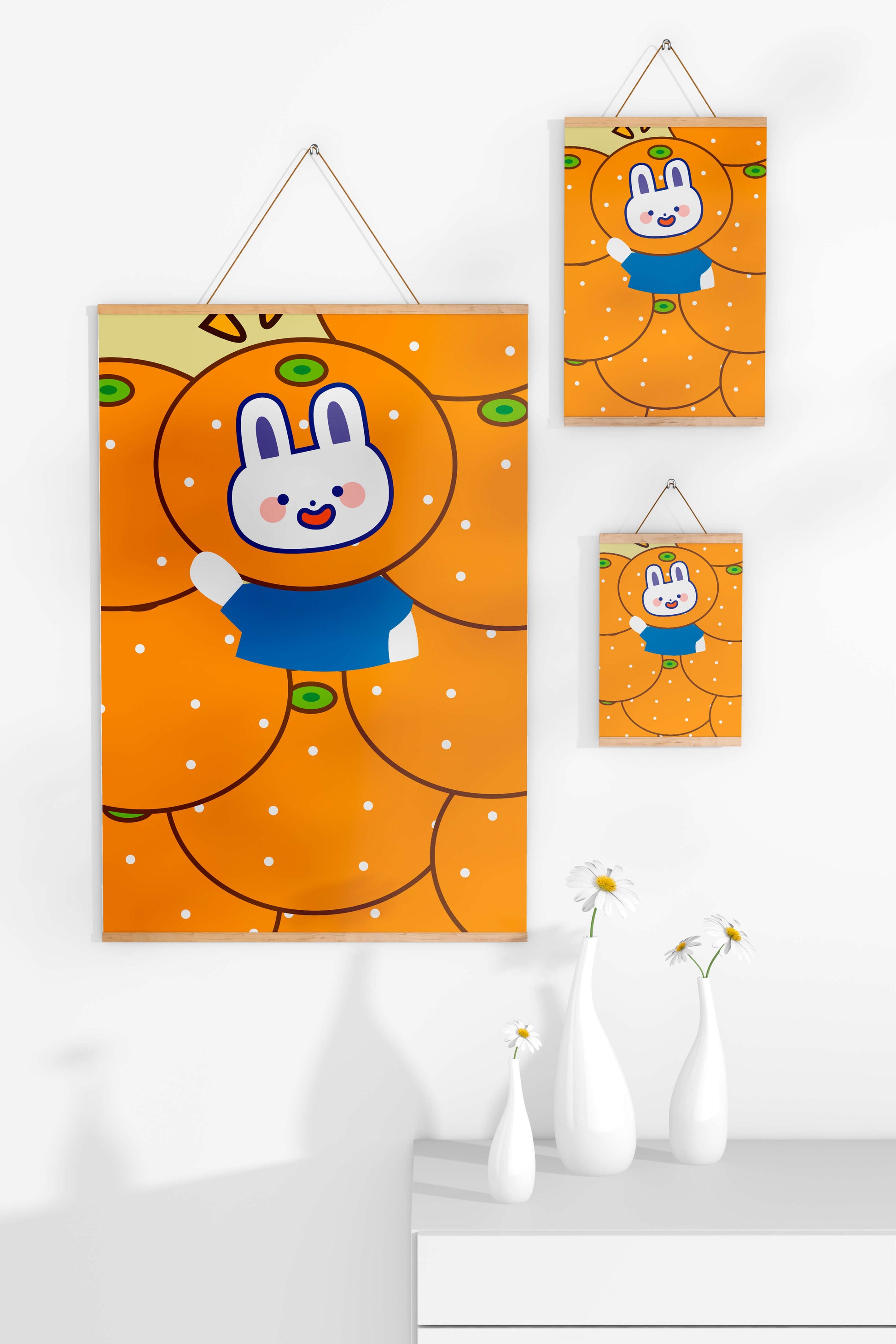 Whimsical illustration of a bunny surrounded by oranges