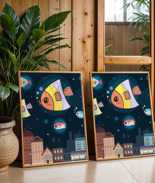 Poisson de dessin animé flottant au-dessus d'une ville nocturne avec des étoiles