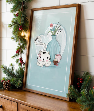 Cute Cat with Flowers, Cup, and Vase on Blue Background - Mi tienda