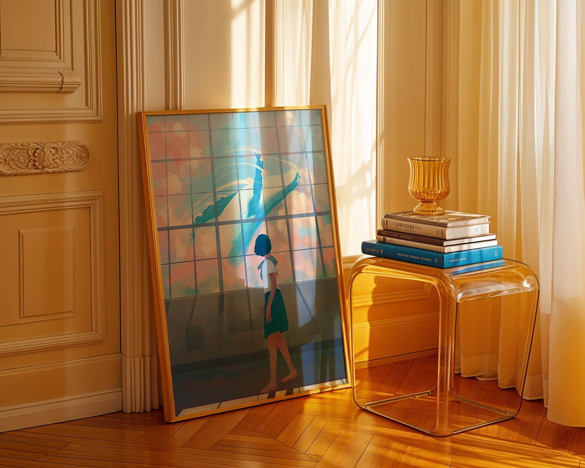 Young girl looking at a giant whale through a large window