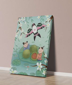 Children Playing on Lotus Leaves with Kite and Cherry Blossoms