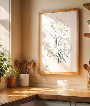 Elegante Pfingstrosen-Linienkunst mit goldenen Akzenten