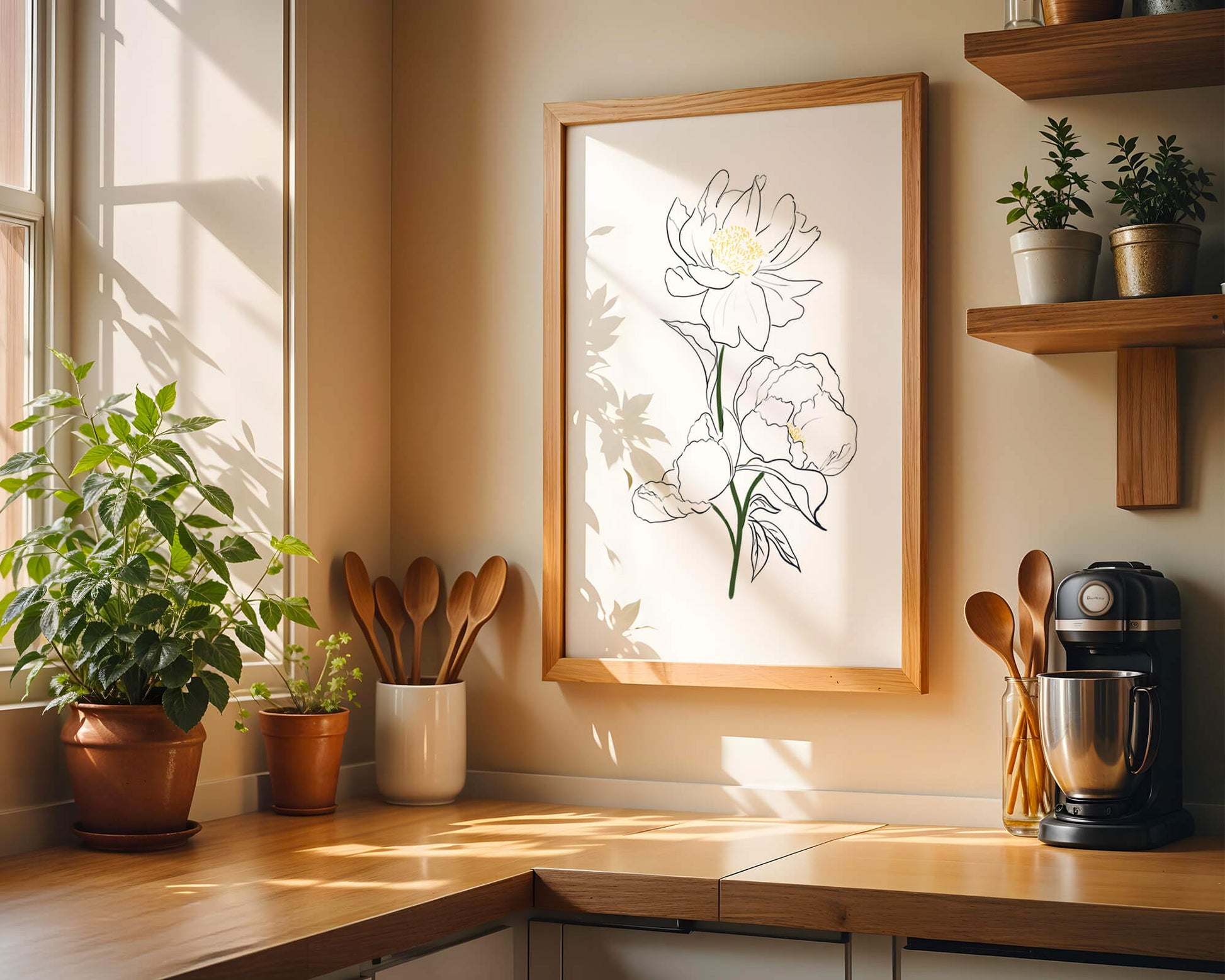 Elegante Pfingstrosen-Linienkunst mit goldenen Akzenten