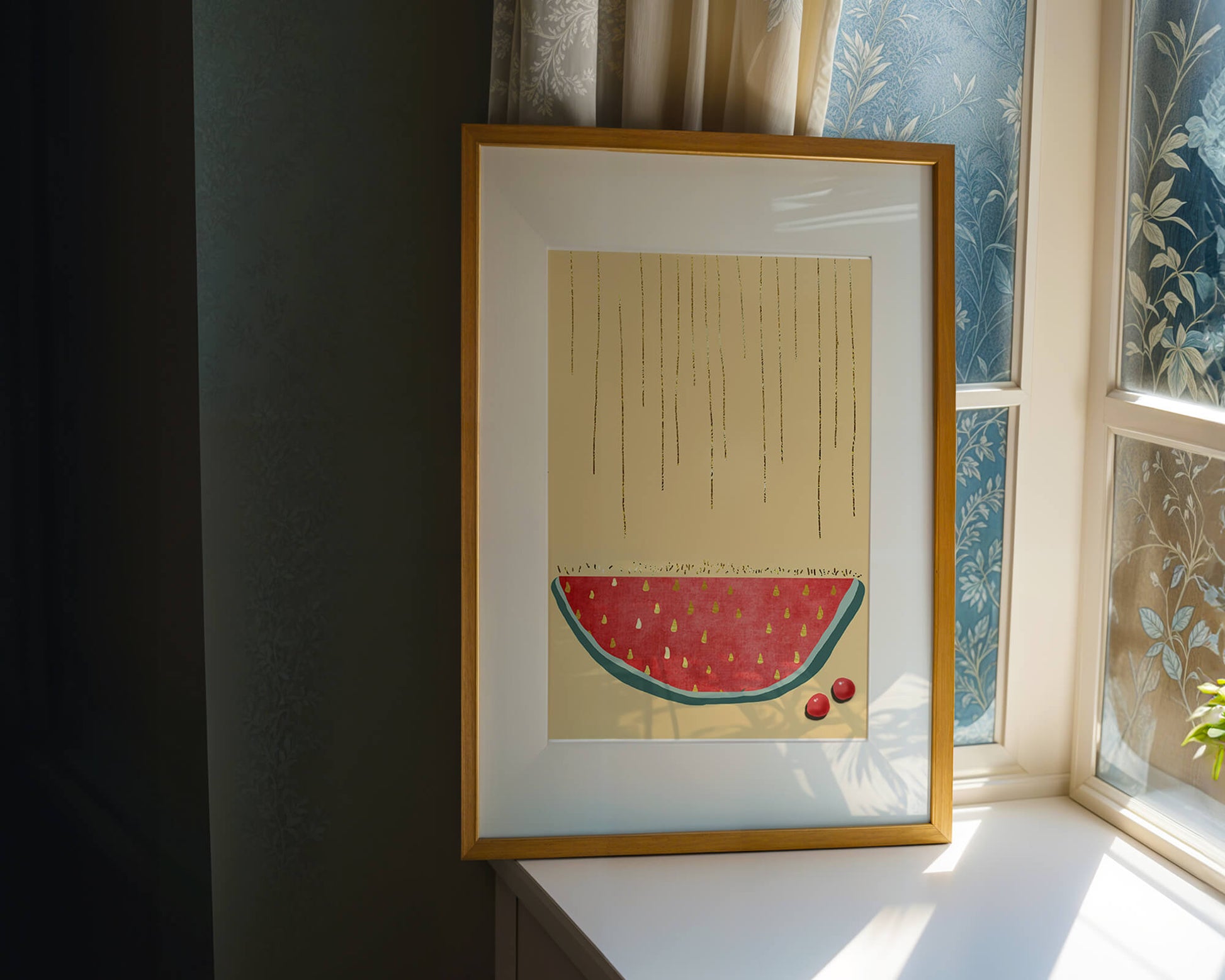 Abstract Watermelon Slice with Gold Accents on Minimalist Background