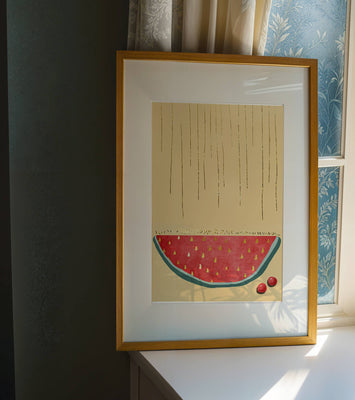Abstract Watermelon Slice with Gold Accents on Minimalist Background