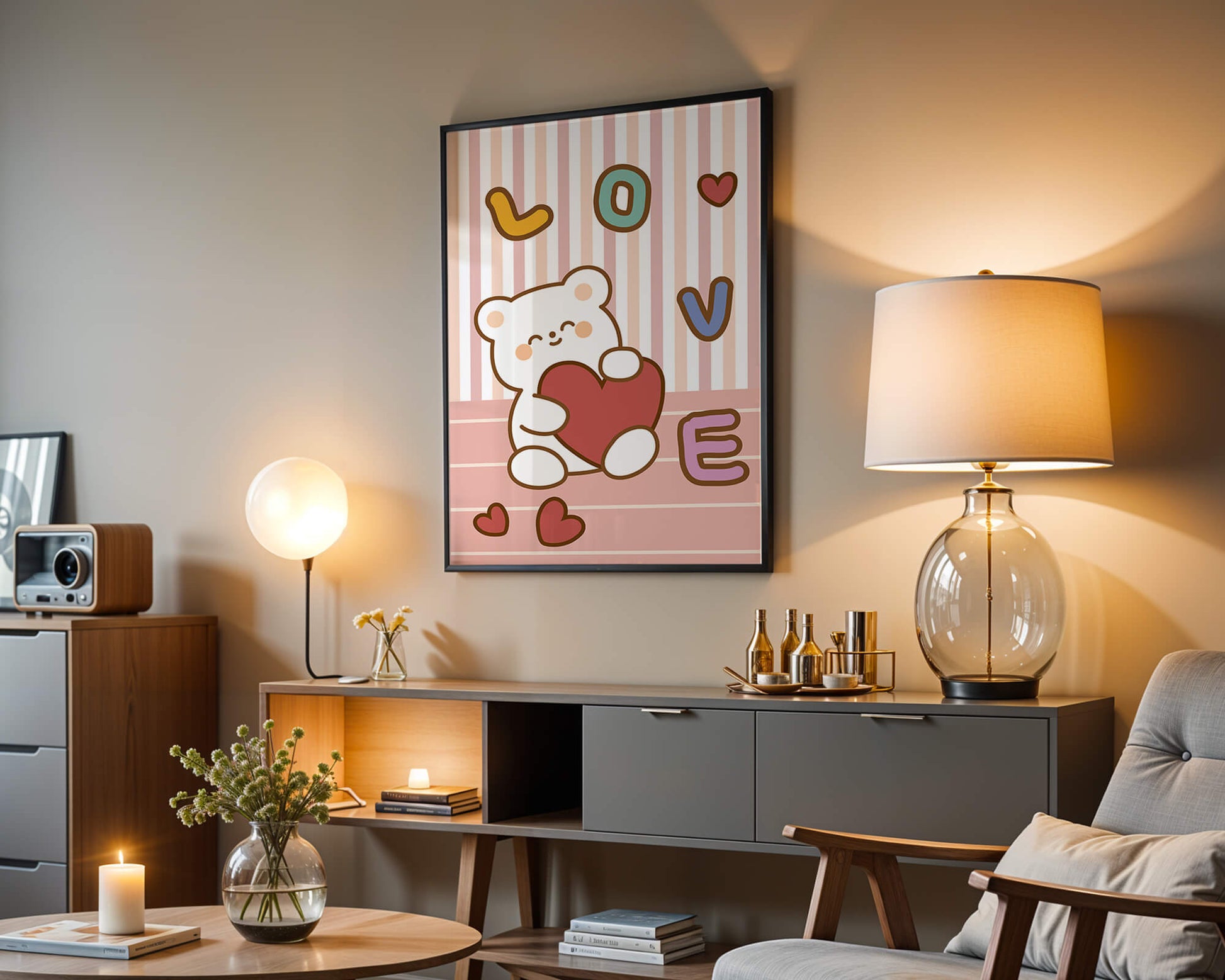 Adorable bear holding a heart in a playful love-themed illustration