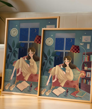 Cozy Nighttime Reading in a Living Room with Moonlit Window