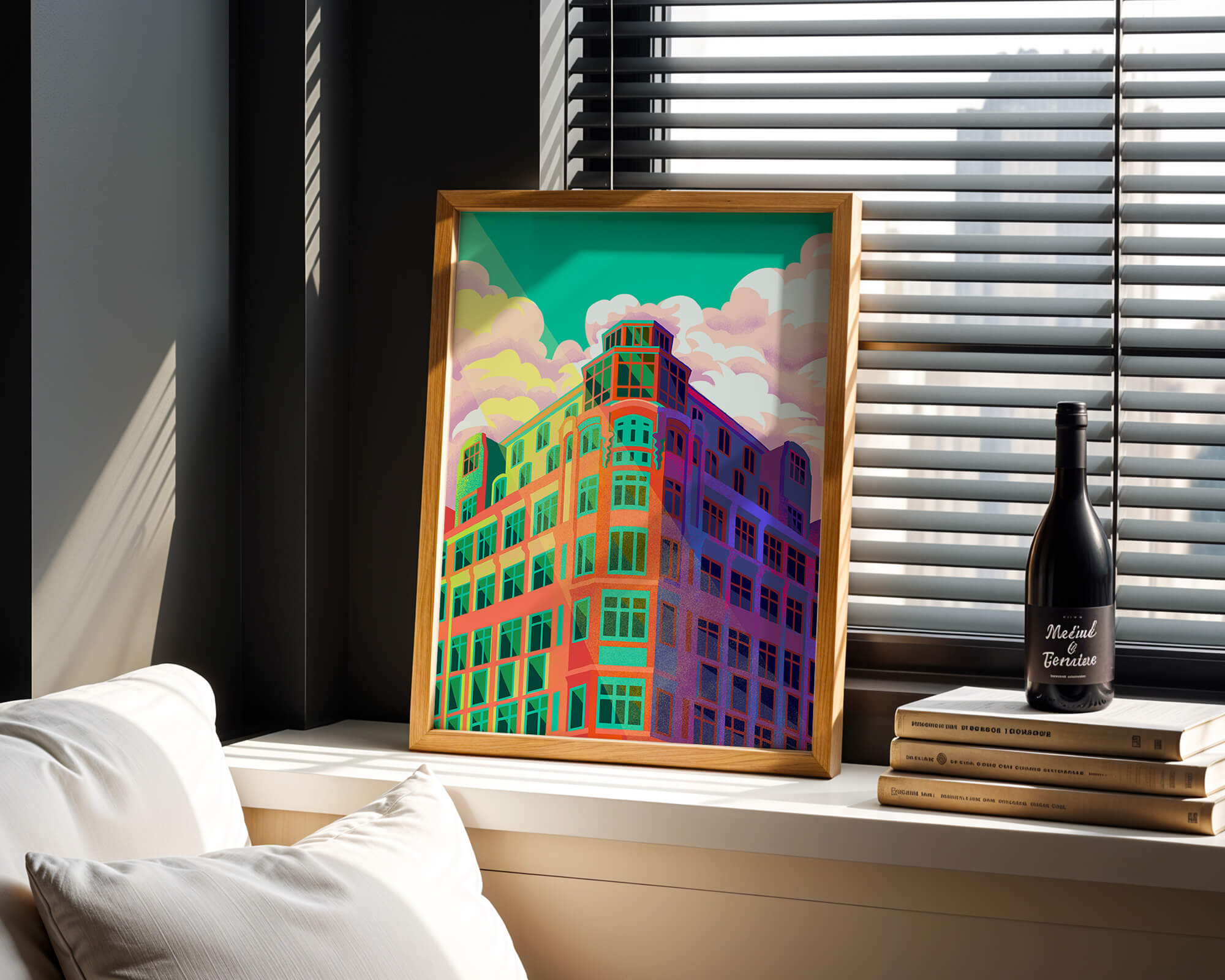 Colorful geometric building with vibrant sky