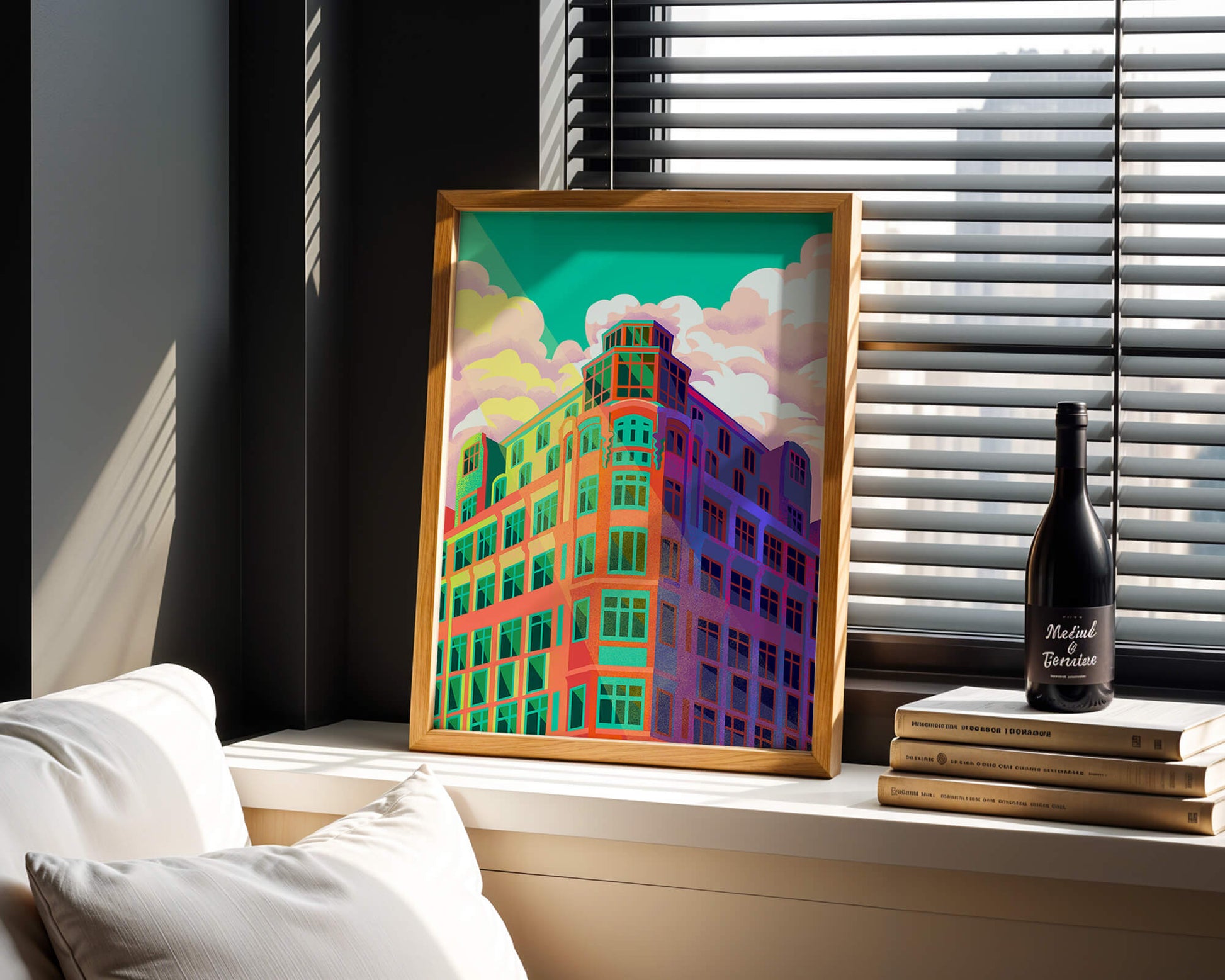 Colorful geometric building with vibrant sky