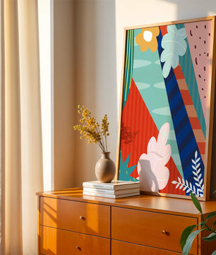 Abstract floral geometric design with vibrant colors and bold patterns